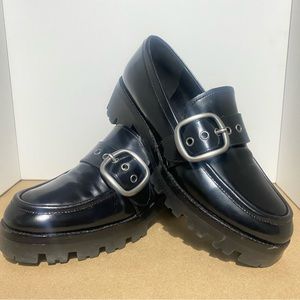 COACH Black Leather grand Lug Sole Buckle loafers platform Sz 9.5B.